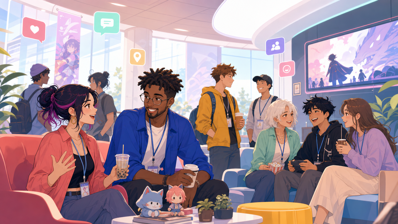 Original ArcMates anime-inspired lounge with fans meeting at an event space